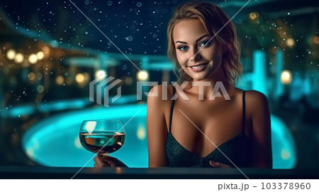 ナイトプール・スパでお酒を飲む水着姿の白人女性(Generative AI) ナイトプール・スパでお酒を飲む水着姿の白人女性(Generative AI) 103378960
