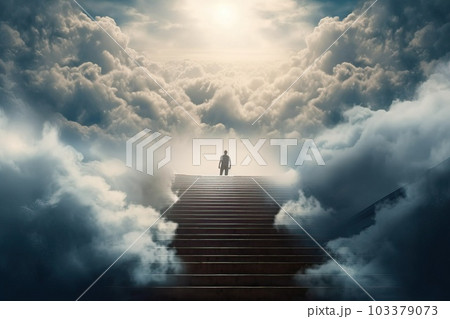 Human soul says goodbye to earthly life and rises to heaven. A man stands in front of an open door in the clouds, the concept of dreams and doors to heaven, generative AI. 103379073