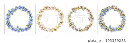 Spring flowers wreath set . Watercolor illustration for scrapbooking, cards, backgrounds. Cartoon hand drawn background with summer flower for kids design. Perfect for wedding invitation. 103379288