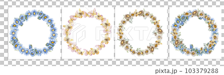 Spring flowers wreath set . Watercolor illustration for scrapbooking, cards, backgrounds. Cartoon hand drawn background with summer flower for kids design. Perfect for wedding invitation. 103379288