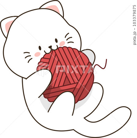 Cartoon cute white cat playing with knitting yarn Cartoon cute white cat playing with knitting yarn 103379875