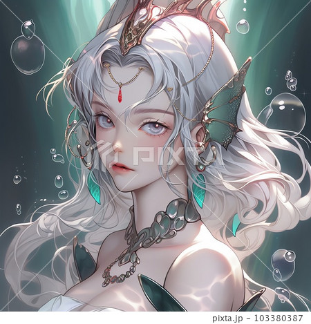 こちらを見つめる美しい人魚の横顔 | Generative AIのイラスト素材