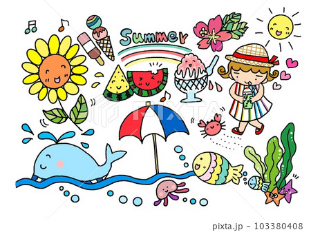 夏　自然　夏休み　海　かわいいイラストセット 103380408