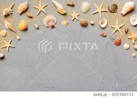 Summer time concept Flat lay composition with beautiful starfish and sea shells on colored table, top view with copy space for text Summer time concept Flat lay composition with beautiful starfish and sea shells on colored table, top view with copy space for text 103380713
