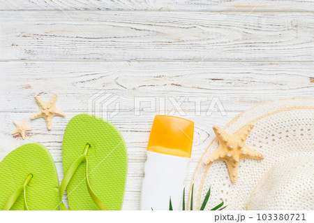 Summer vacation concept flat lay. beach accessories and towel top view. Space for text. travel concept 103380721