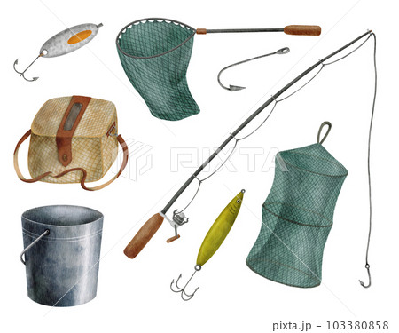 Watercolor fishing tackle set. Hand drawn fishing rod, net, metal bucket, wicker creel, hook, bait, lure isolated on white background. Angling sport hobby equipment. Summer catching fish illustration Watercolor fishing tackle set. Hand drawn fishing rod, net, metal bucket, wicker creel, hook, bait, lure isolated on white background. Angling sport hobby equipment. Summer catching fish illustration 103380858