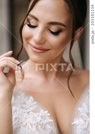 Close-up portrait of elegant woman in luxury wedding dress. Bride morning concept 103381134