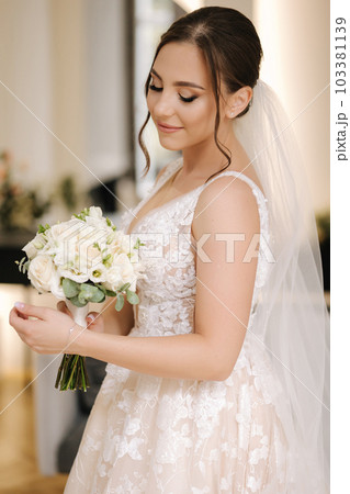 Portrait of gorgeous bride with beautiful wedding bouquet. Morning of bride. Wedding day. 103381139