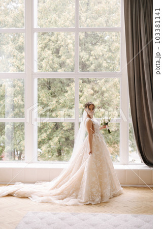 Elegant bride walking at home near big window. Luxury wedding dress for gorgeous woman.  103381141