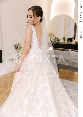 Young bride in gorgeous wedding dress waiting for groom. Morning of bride  103381167