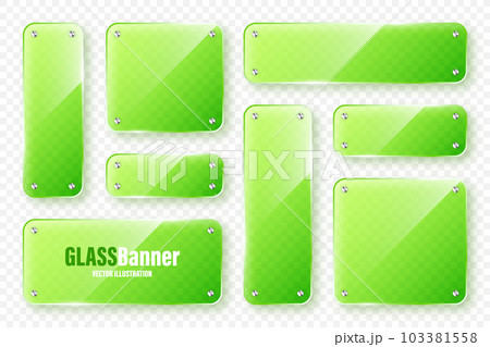 Realistic glass frames collection. Green transparent glass banners with flares and highlights. Glossy acrylic plate, element with light reflection and place for text. Vector illustration Realistic glass frames collection. Green transparent glass banners with flares and highlights. Glossy acrylic plate, element with light reflection and place for text. Vector illustration 103381558