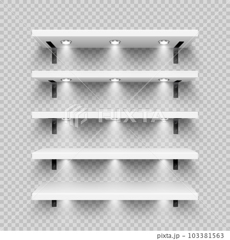 Realistic white store shelves with wall mount and lighting, spotlights. Empty product shelf, grocery wall rack. Mall and supermarket furniture, bookshelf. Modern interior design. Vector illustration 103381563