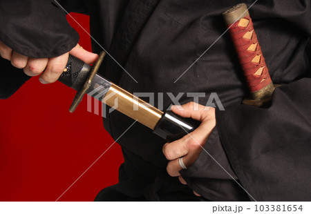 Man Removing Japanese Katana Blade From Scabbard 103381654
