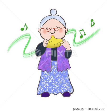 おばあさんが楽しそうにオカリナを吹いているイラスト 103381757