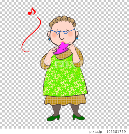 おばあさんが楽しそうにオカリナを吹いているイラスト 103381759