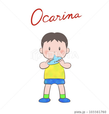 男の子が楽しそうにオカリナを吹いているイラスト 103381760