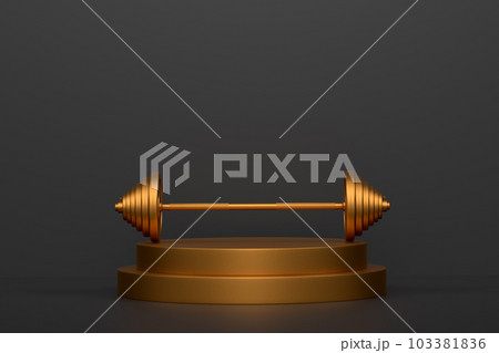 Barbell with metal disks on cylinder podium with steps on monochrome background Barbell with metal disks on cylinder podium with steps on monochrome background 103381836