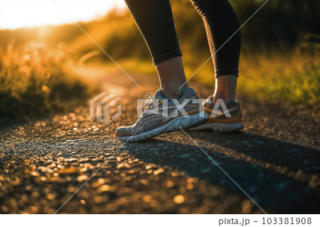 ジョギングをする女性の足元、生成AI 103381908