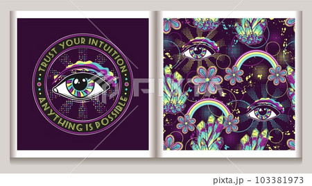 Surreal pattern, label with all seeing eye, crystals, flowers, paint splatter and halftone shapes. Concept of expansion of mind. For fantasy, groovy, hippie, mystical, esoteric, surreal design Surreal pattern, label with all seeing eye, crystals, flowers, paint splatter and halftone shapes. Concept of expansion of mind. For fantasy, groovy, hippie, mystical, esoteric, surreal design 103381973