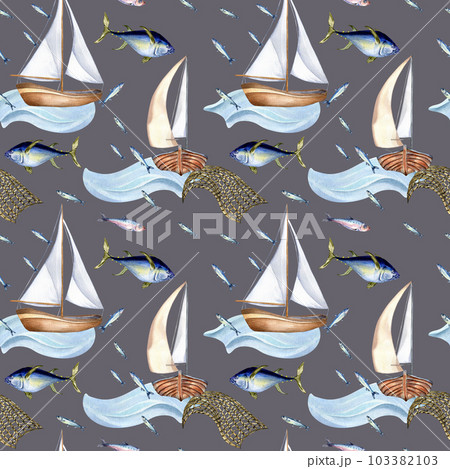 Seamless pattern of sea fish and sail boat watercolor illustration isolated on grey. Fishing boat, sea wave and tuna, hand drawn. Design element for textile, packaging, wrapping, background, market Seamless pattern of sea fish and sail boat watercolor illustration isolated on grey. Fishing boat, sea wave and tuna, hand drawn. Design element for textile, packaging, wrapping, background, market 103382103