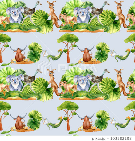 Seamless pattern of cartoon animals watercolor isolated on blue Seamless pattern of cartoon animals watercolor isolated on blue 103382108