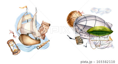 Composition of sailing ship, aircraft watercolor illustration isolated on white. Hour glass, spyglass, boat, air transport hand drawn. Childish design, element for boy's room, print, postcard 103382110