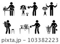 Stick figure male planting home flowers vector set. Stickman person taking care of houseplant icon pictogram 103382223