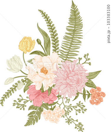Spring bouquet in vintage style. Flower arrangement with tulips, anemones, peony, chrysanthemum, ferns, eucalyptus seeds. Botanical illustration. Pastel colors. Spring bouquet in vintage style. Flower arrangement with tulips, anemones, peony, chrysanthemum, ferns, eucalyptus seeds. Botanical illustration. Pastel colors. 103383100