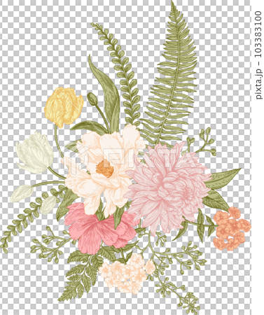 Spring bouquet in vintage style. Flower arrangement with tulips, anemones, peony, chrysanthemum, ferns, eucalyptus seeds. Botanical illustration. Pastel colors. Spring bouquet in vintage style. Flower arrangement with tulips, anemones, peony, chrysanthemum, ferns, eucalyptus seeds. Botanical illustration. Pastel colors. 103383100