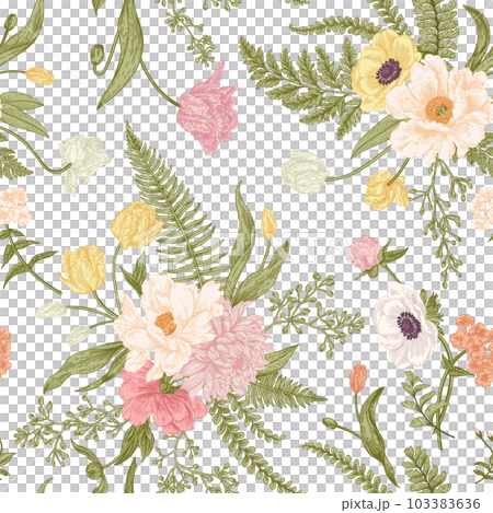 Seamless floral pattern with bouquets of spring flowers. Vintage background. Peony, ferns, tulips, anemones, chrysanthemum eucalyptus seeds. Pastel colors. Art line. 103383636