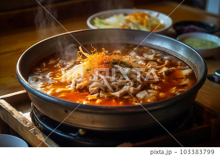 Steaming authentic Korean dish tteokbokki. Garnished with green onions, fish cakes boiled eggs. AI generated Steaming authentic Korean dish tteokbokki. Garnished with green onions, fish cakes boiled eggs. AI generated 103383799