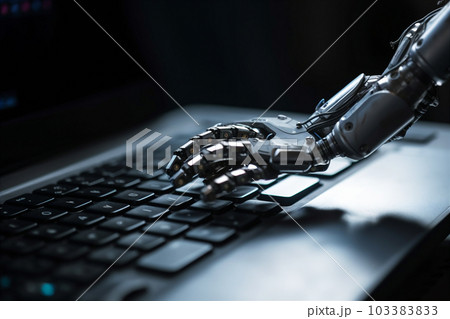 Robotic hand pressing keyboard on laptop. AI concept background. AI generated. Robotic hand pressing keyboard on laptop. AI concept background. AI generated. 103383833