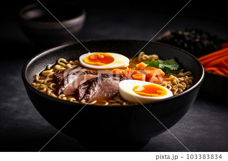 Ramen - asian noodle in broth with beef meat, mushroom and boiled eggs. AI generated. Ramen - asian noodle in broth with beef meat, mushroom and boiled eggs. AI generated. 103383834