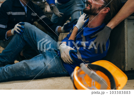 Hardworking engineer worker with accident at factory 103383883