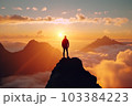 Man standing on a top of the mountain peak above the clouds at night. Feeling free. Generative AI 103384223