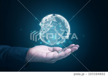 Globe symbol on hands, World symbol virtual icon on hands 103384602