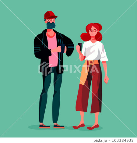 couple with smartphones standing together man woman using cellphones digital addiction concept 103384935