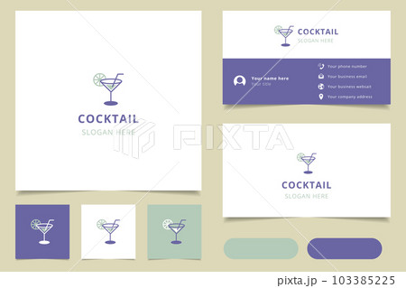 Cocktail logo design with editable slogan. Branding book and business card template. 103385225
