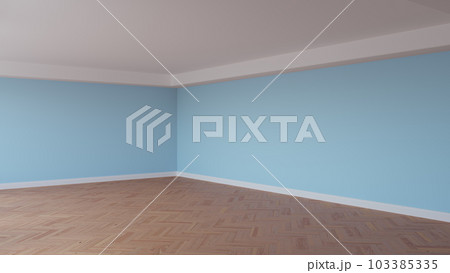 Corner of the Light Blue Interior with a White Ceiling and Cornice, Glossy Herringbone Parquet Floor, and a White Plinth. Unfurnished Room Concept. 3D illustration, Ultra HD 8K, 7680x4320, 300 dpi Corner of the Light Blue Interior with a White Ceiling and Cornice, Glossy Herringbone Parquet Floor, and a White Plinth. Unfurnished Room Concept. 3D illustration, Ultra HD 8K, 7680x4320, 300 dpi 103385335