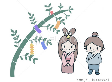 短冊がかかっている笹と織姫と彦星 短冊がかかっている笹と織姫と彦星 103385521