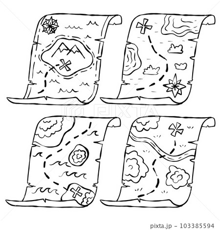 Pirate map of treasure. Adventure and quest. Old paper manuscript for travel or navigation. Pirate map of treasure. Adventure and quest. Old paper manuscript for travel or navigation. 103385594