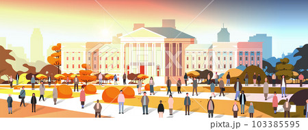 multiethnic people group standing near governmental building mix race men women crowd walking outdoor 103385595