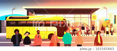 mix race people at public transport bus station comfortable moving concept horizontal sunset cityscape background mix race people at public transport bus station comfortable moving concept horizontal sunset cityscape background 103385663
