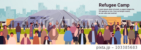 mix race people gathering in refugee camp humanitarian aid to refugees charity donation trucks and camp tents for sleep and volunteering mix race people gathering in refugee camp humanitarian aid to refugees charity donation trucks and camp tents for sleep and volunteering 103385683