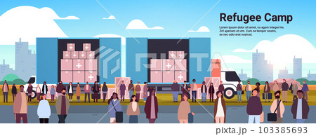 mix race people gathering in refugee camp humanitarian aid to refugees charity donation trucks and camp tents for sleep and volunteering 103385693