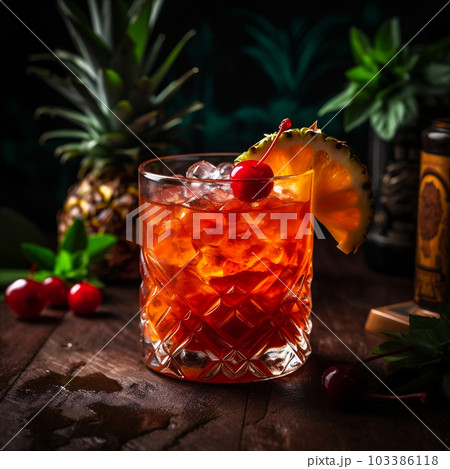 Tropical Mai Tai Cocktail Made With Light And Dark Rum, Fresh Pineapple Juice, Orange Juice, Lime Juice. AI generated Tropical Mai Tai Cocktail Made With Light And Dark Rum, Fresh Pineapple Juice, Orange Juice, Lime Juice. AI generated 103386118