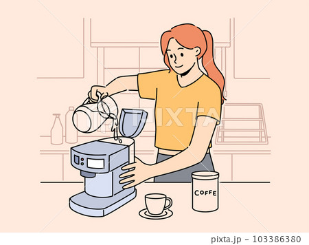 Smiling woman making coffee in machine Smiling woman making coffee in machine 103386380