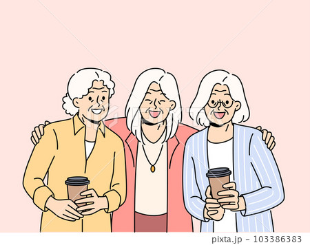 Smiling mature women hug showing unity  103386383