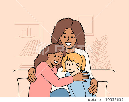 African American woman with multiracial daughters  103386394