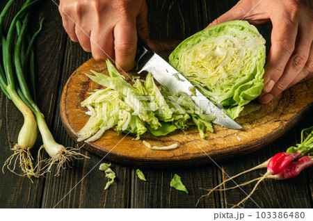 Slicing cabbage on a cutting board. Delicious salad for dinner with fresh vegetables. Hands of a chef with a knife while cooking in a kitchen. 103386480